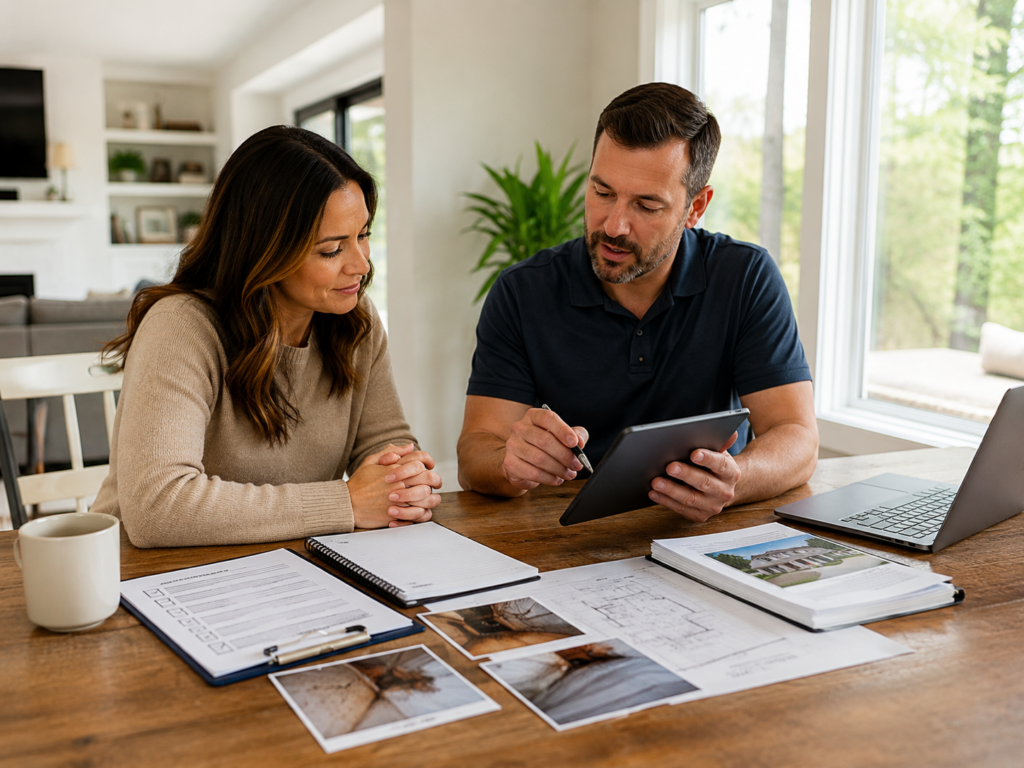 Homeowners reviewing property claim documents and damage photos