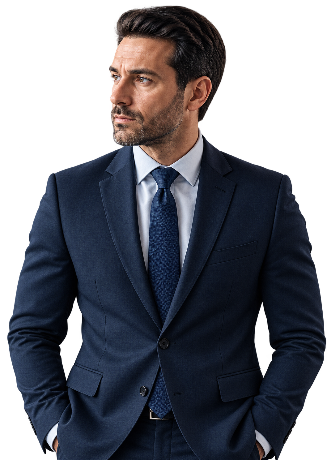 Thoughtful Executive in Navy Suit